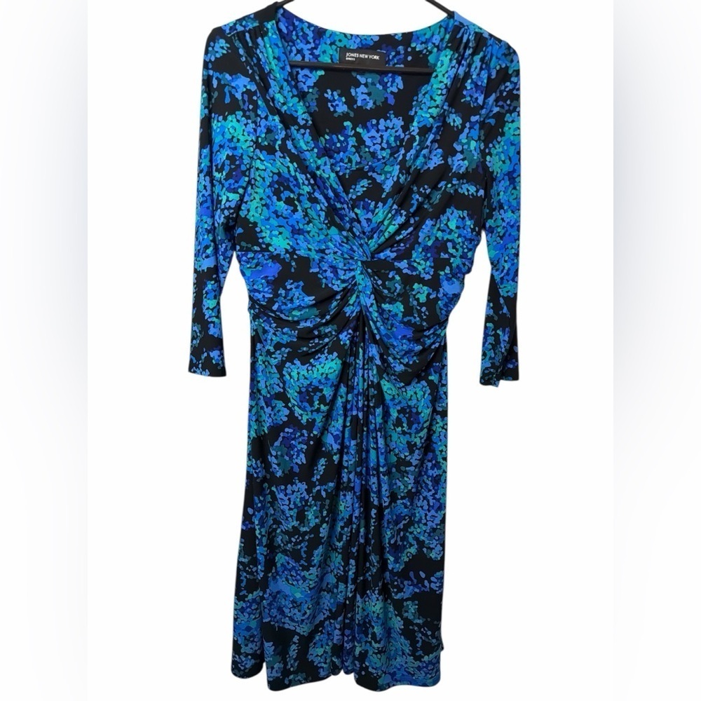 Jones New York Blue and Black Floral 3/4 Sleeve Dress NWOT